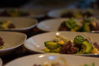 A creative appetizer of ahi tuna, cucumber, avocado & sesame aioli at our off-grid eco resort