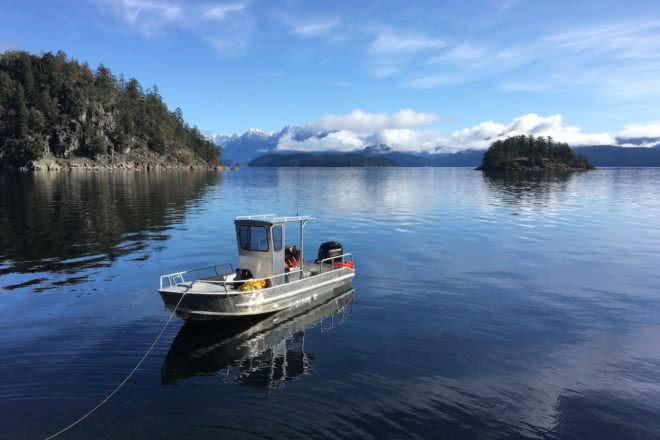 Our motor vessel anchored off the point at our Sunshine Coast resort in Desolation Sound, British Columbia