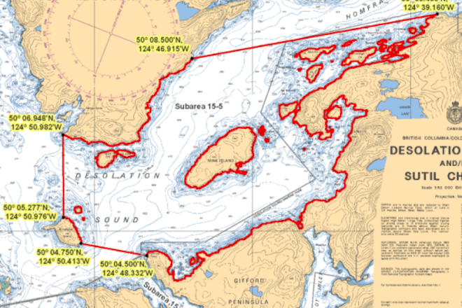 Rockfish Conservation Area and fishing boundaries in Desolation Sound