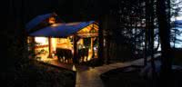The Cabana Cafe lit up in the evening using solar powered LED lights