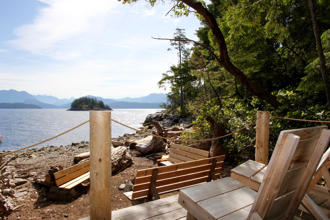 South Beach is a key feature at Cabana Desolation, with a yoga platform, fire pit and incredible views of Desolation Sound